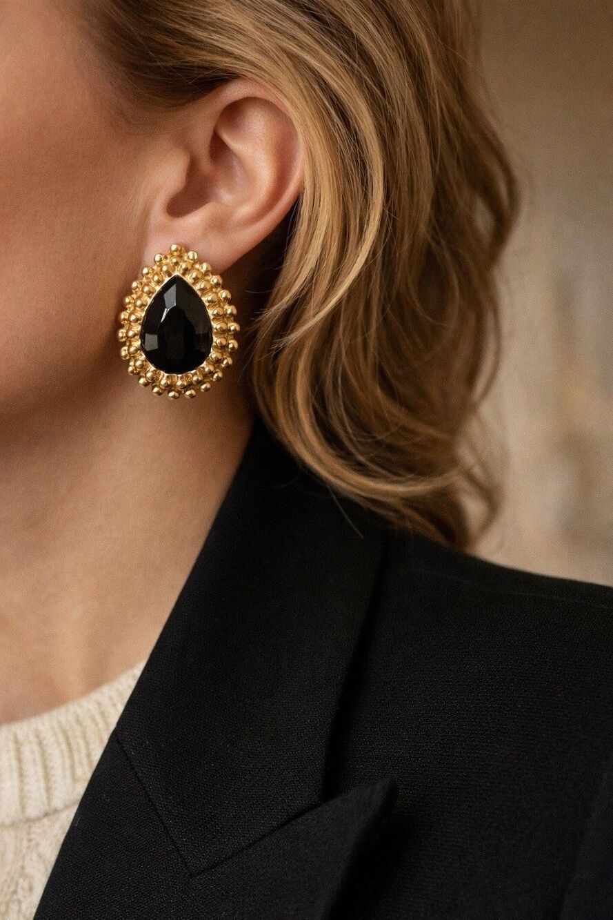 Vintage 80s Black Teardrop Clip On Earrings Gold Tone Chunky Statement Bold Glam